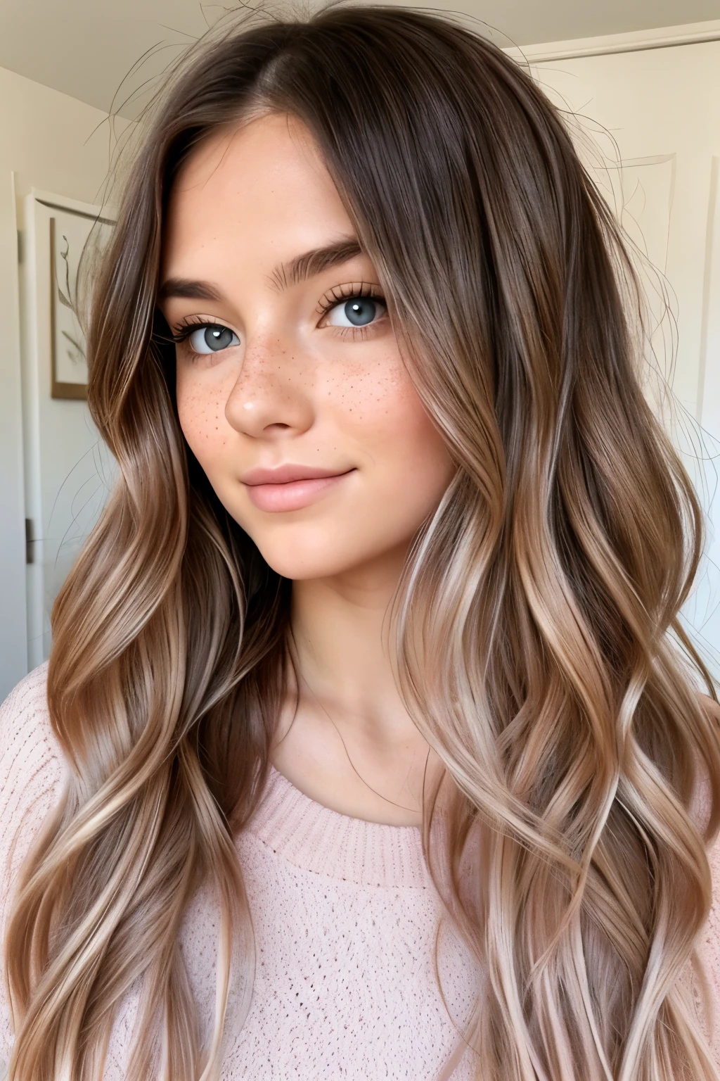 Cute woman with long wavy hair and blush with light freckles