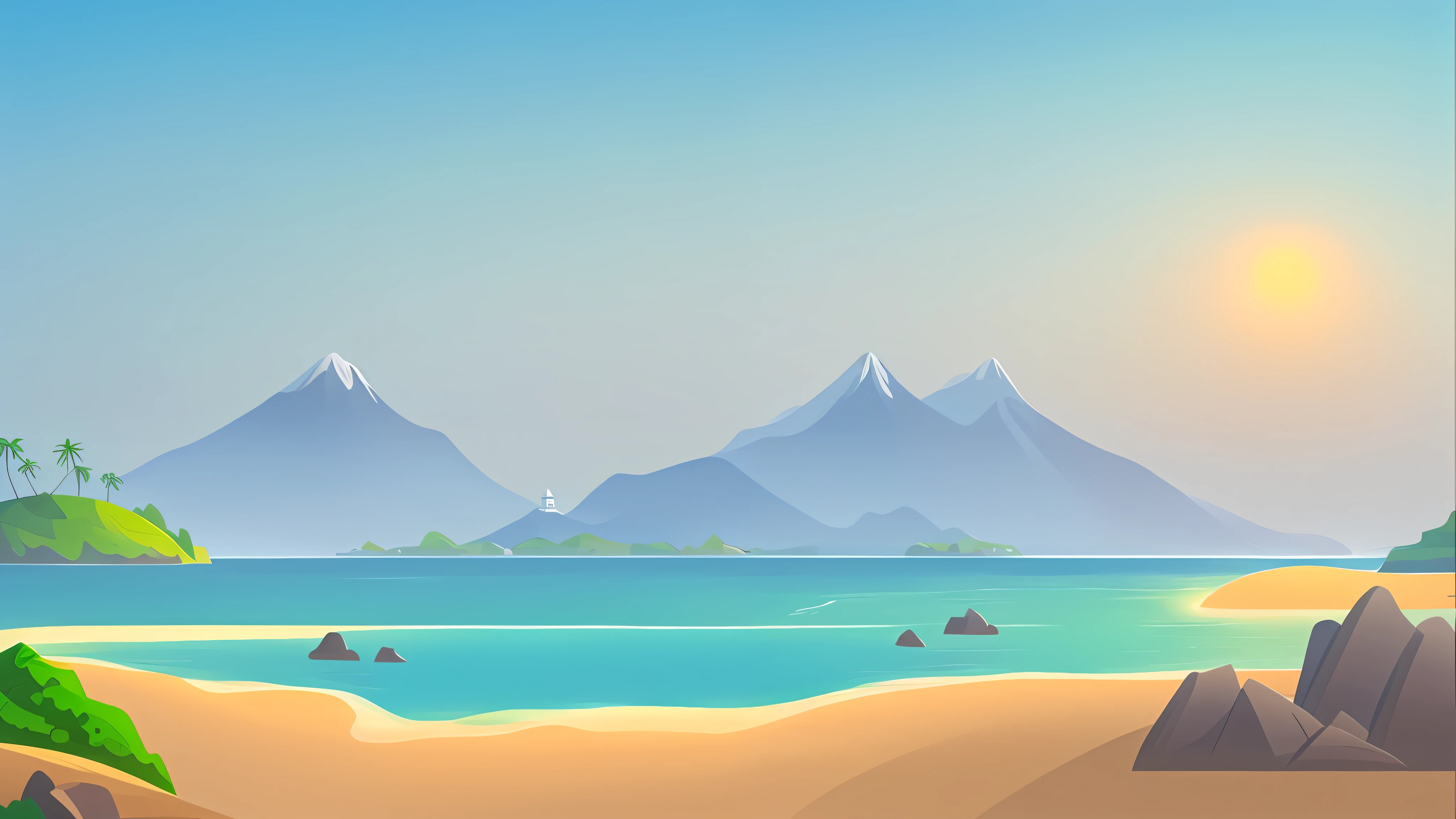 There is a beach cartoon with mountains as background, island background, seaside background, beach landscape, island in background, sea with steamer, beach background, beach in foreground, hills and ocean, calm ocean and beach background, landscape background, ocean background, natural landscape background, 2D game background, island landscape, mobile game background, coast as background