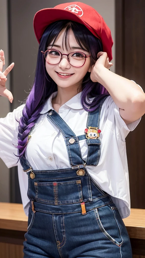 Dr. Slump Arale-chan、、Large thick black-rimmed glasses、Her hair is purple and semi-long、The red hat has small white feathers on either side.、Blue Overalls、Wearing a white shirt。She is greeting with a cheerful smile and her right hand raised.。In the background you can see Dr. Yamabuki's house in Penguin Village.。There is a garden in front of the house、The sky was clear and、The sunshine is warm。