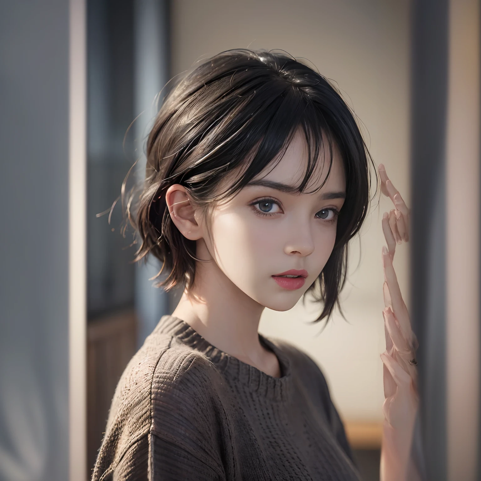 National Science Foundation,masterpiece,High resolution,8K,art,refer to,3D,realism,Kyoto Animation Style,Your Name movie style,To the camera,night,midnight,Soft Light,Glowing Skin,(1 female: 1.3),(alone: 1.4),(((Black Hair))),(Upper body naked),(泣くstal hairpin),(泣くstal necklace),(泣くstal earrings),Long eyelashes,Thin legs,Short Bob,close of upper body,close,Close-up,(On a cruise ship),Starry Eyes,(close your eyes),Stretch your arms out to the side and feel the breeze,(blush),(shy),(shy),Light blue eyes,