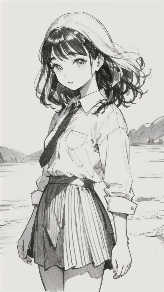 One Girl,Line art,Monochrome,sketch,Pencil drawing,Traditional Media,One Girl, skirt,Cute Teenage Girls, ,Beautiful portrait、Delicate body、Black Hair、Black Hair,landscape