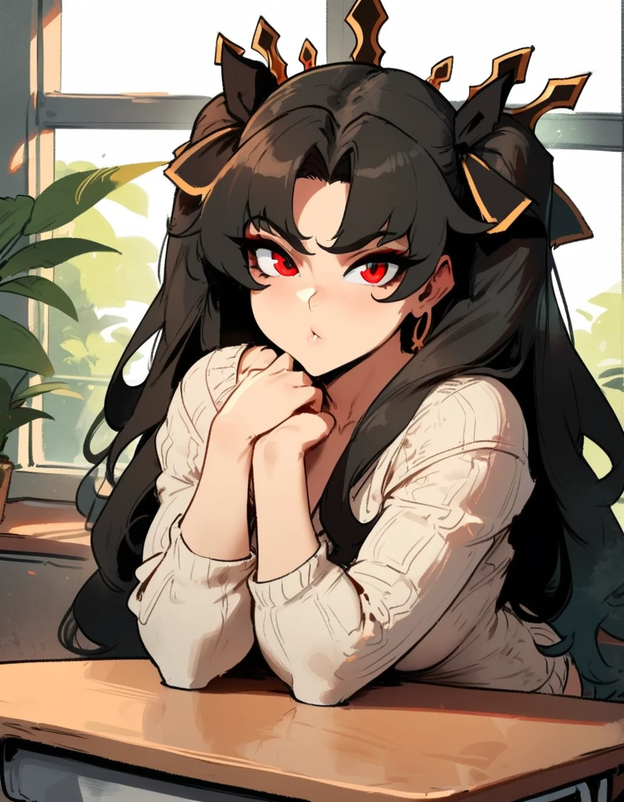 1girl, ishtar \(fate\), fate \(series\) \\\\\ masterpiece, best quality, very aesthetic, absurdres, newest \\\\\\ slim body,///// ,by nyantcha,cutesexyrobutts , by khyle,,////// beautiful face, sexy, red eyes, , at school, windows, greenery, sweater,,at desk, looking at viewer, close-up