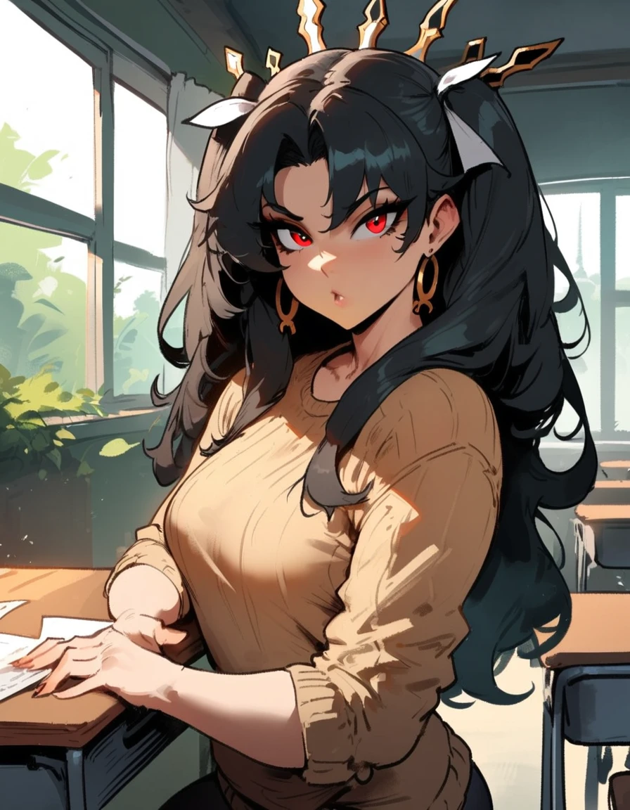1girl, ishtar \(fate\), fate \(series\) \\\\\ masterpiece, best quality, very aesthetic, absurdres, newest \\\\\\ slim body,///// ,by nyantcha,cutesexyrobutts , by khyle,,////// beautiful face, sexy, red eyes, , at school, windows, greenery, sweater,,at desk, looking at viewer, close-up