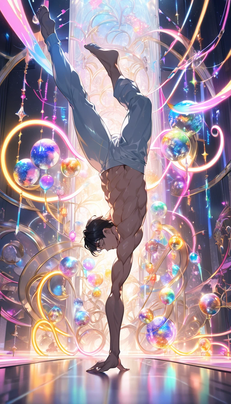 (Highest quality:1.2),One man,alone,Are standing_Split,whole body, Photo of a Japanese man in his 20s made of shiny white and silver translucent glass and plastic,Muscular and shirtless, Silver metal interior, Dynamic pose, Flow organic structure, A sparkling golden circuit, colorful Neon decoration, Ball of Light, Illumination, Illumination回路, Neon decoration, Depth of Field Focus F/2.8, H'art.right. liver, Greg rightutowski