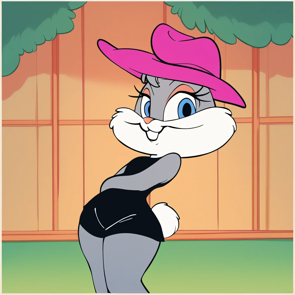 score_9, score_8_up, score_7_up, score_6_up, score_5_up, score_4_up, (Source furry), Babs Bunny, furry female, 1girl, solo, inside of the cyberworld, cyberspace, digital trees, smile, pink bunny girl, looking at viewer, blue eyes, tail, grey fur, two tone fur, hat, wearing black shorts, thick thighs, flower hat, glitching while dancing,