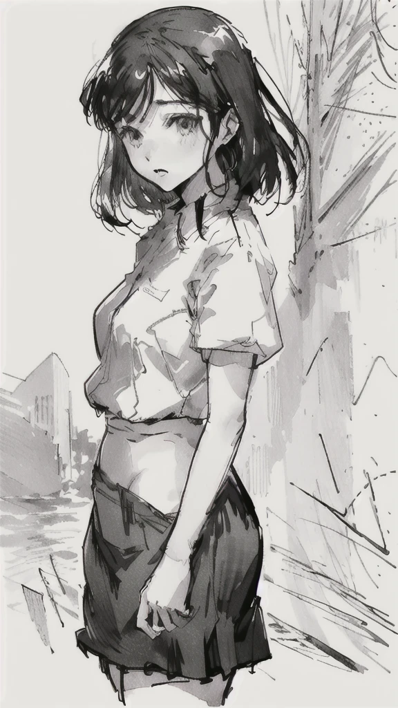 One Girl,Line art,Monochrome,sketch,Pencil drawing,Traditional Media,One Girl, skirt,Cute age Girls, ,Beautiful portrait、Delicate body、Black Hair、Black Hair,landscape