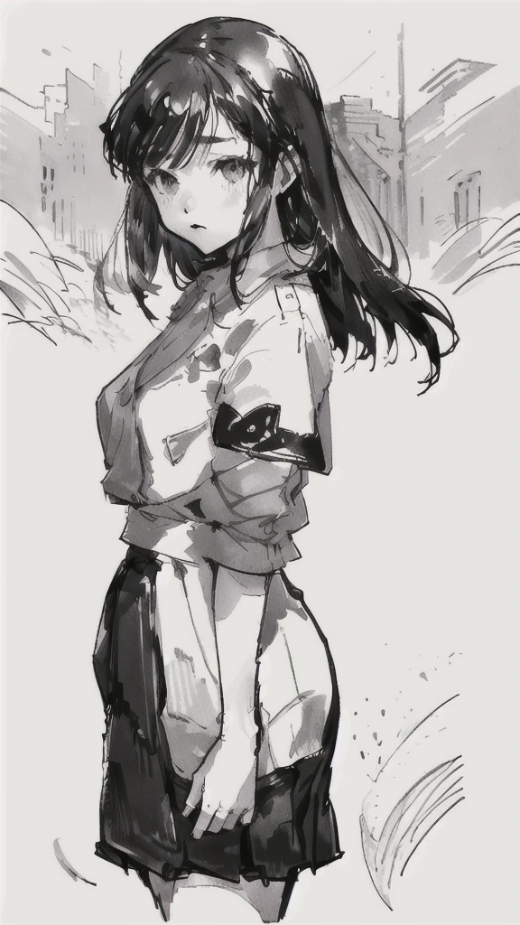 One Girl,Line art,Monochrome,sketch,Pencil drawing,Traditional Media,One Girl, skirt,Cute Teenage Girls, ,Beautiful portrait、Delicate body、Black Hair、Black Hair,landscape