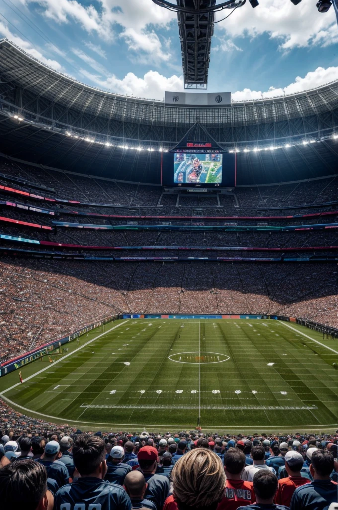 3d image of“Amidst the roar of the crowd, two rival football teams clash on the lush green field of the stadium. The home team, adorned in their iconic colors, fights to defend their turf. Meanwhile, the visiting team, equally determined, aims to upset the balance. The air is charged with anticipation as the players sprint, tackle, and strategize, each pass echoing through the stands. Who will emerge victor, wallpaper art, Promo art design, octane render, masterpiece detail,