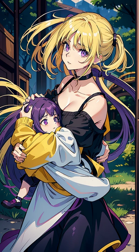 17 year old girl with long dark purple hair bright purple eyes wearing a black top and white pants carrying in her arms a small 5 year old girl with blonde hair and bright yellow eyes wearing a blue dress they are in a park