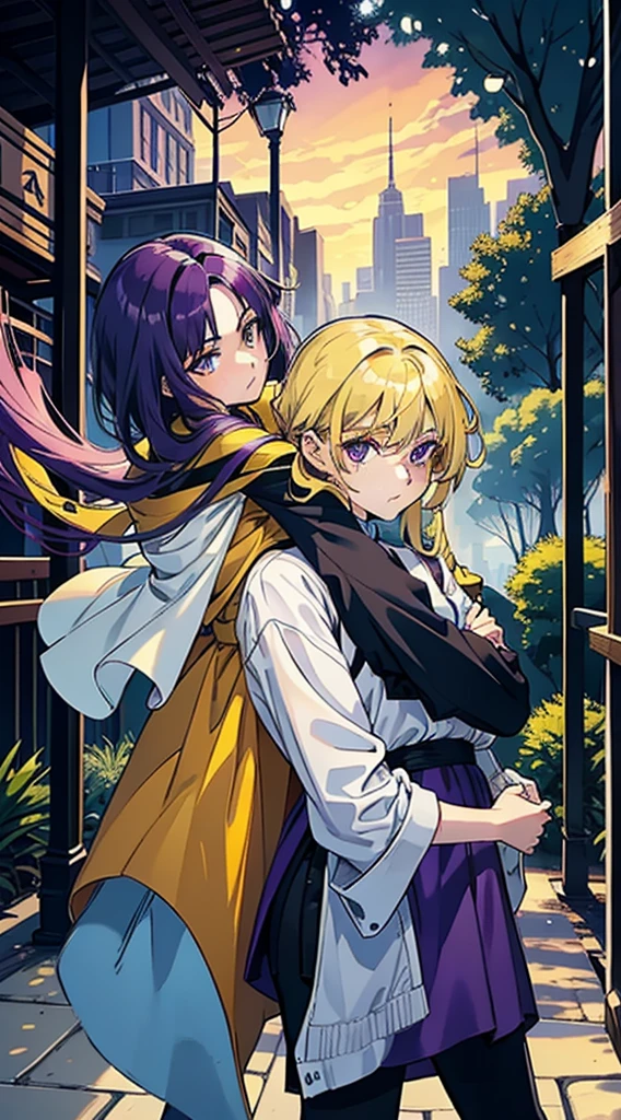 17 year old girl with long dark purple hair bright purple eyes wearing a black top and white pants carrying in her arms a small 5 year old girl with blonde hair and bright yellow eyes wearing a blue dress they are in a park