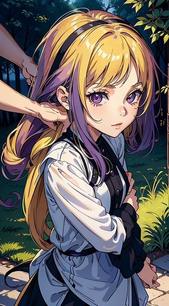 17 year old girl with long dark purple hair bright purple eyes wearing a black top and white pants carrying in her arms a small 5 year old girl with blonde hair and bright yellow eyes wearing a blue dress they are in a park