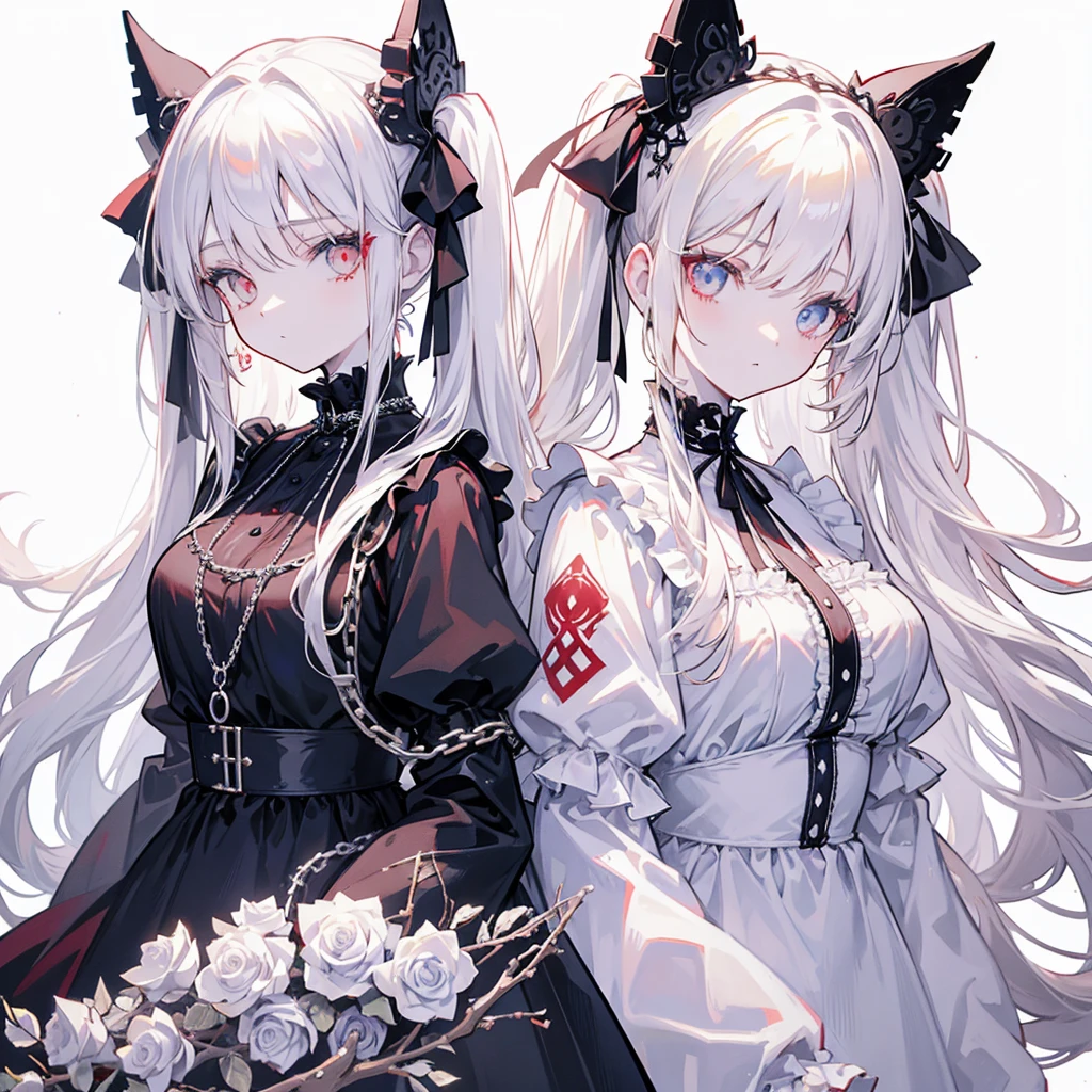 Two girls, red eyes and beige hair, blue eyes and white hair, twin tails, long hair, monochrome gothic fashion, white roses, white background, chains
