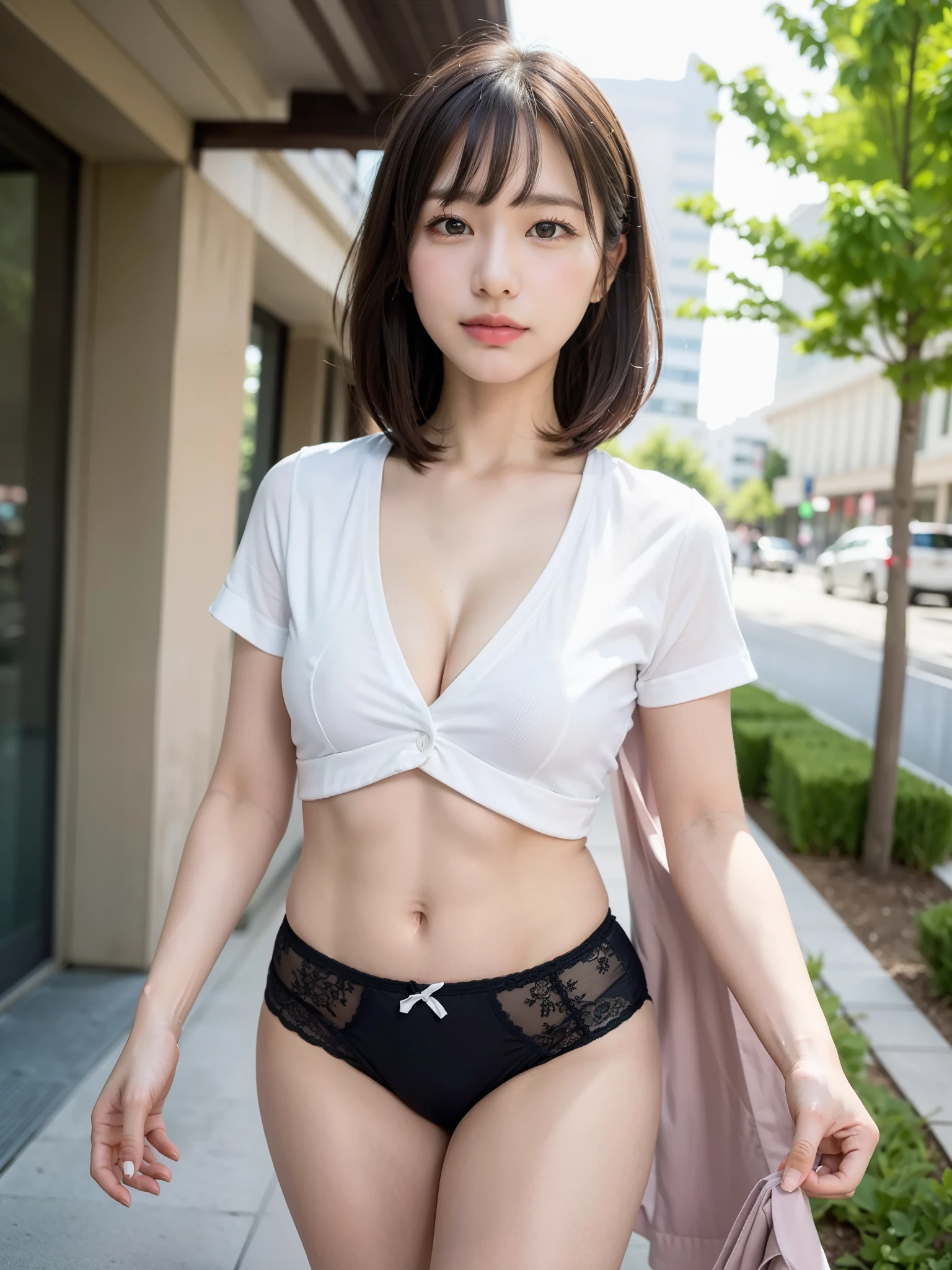 ((Best of the highest quality, 8k, Masterpiece, raw photo: 1.2)), (Sharp focus: 1.2), (1 AESPA, slim body type female, 21 y/o: 1.1), (Solo: 1.28), (realistic, photo-realistic:1.37), face focus, cute face, finely eyes, (droopy eyes: 1.32), (Emphasize prominent aegyo-sal with bright: 1.2), shimmering eyeshadow applied under the lower lash line, paired with thick, (small breasts, flat chest, Thigh: 1.3), (short messy hair, bangs: 1.28), (wearing business shirt, panties: 1.32), walking terrace dining, flower, (from below: 1.12)