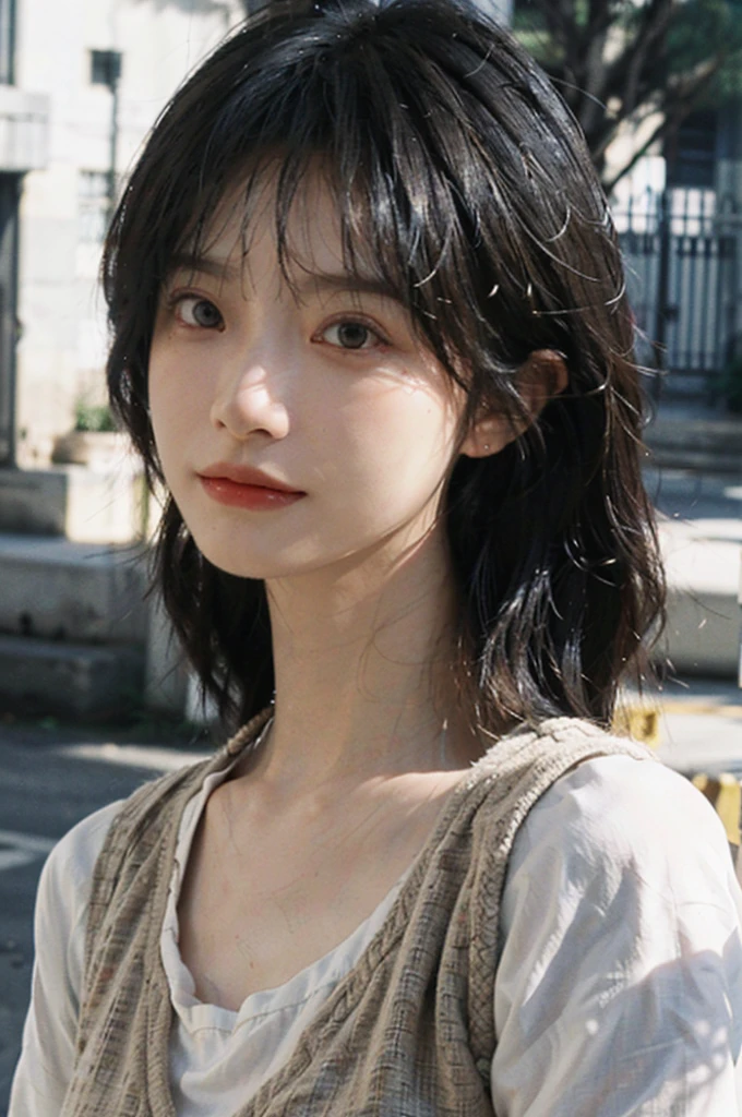 (Skin details:1.4), (smooth skin textures:1.3), Lipstick, background, Direct vision, earrings, serene, calm, (Realistic and detailed eyes:1.2), Natural skin texture, Realistic facial details, Soft dramatic lighting, Vivid details, 35 mm film, outdoor, (Photo Practical:1.4), (hyper Practical:1.4), (Practical:1.3), (Smoother lighting:1.05), (Improve lighting quality:0.9), (Highest quality real skin textures:1.4), Exquisite eyes, Delicate face, Close-up of face, (Enhance the beauty of skin texture:1.1), Hair details, Vest,normal body ratio, short hair, Moles under the eyes, thinking, A faint smile,户外background,Portrait Photography, Depth of Field, Bokeh, Surrealism, Ray Tracing, (Portrait Photography:1.1), Surrealism, High Detail, Chiaroscuro, Ray Tracing, reflected light, Ultra HD, Ultra HD, masterpiece, Textured Skin, Super Detail, High Detail, high quality, best quality