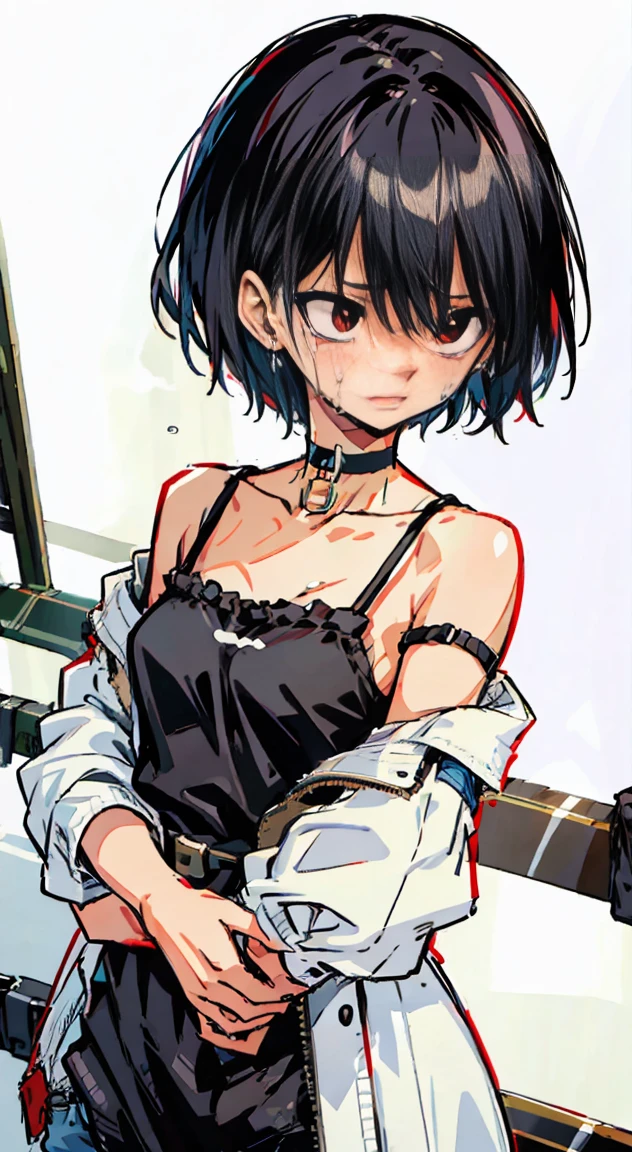 she holds a crying childin a dress and blue camisole with black hair and red eyes, choker