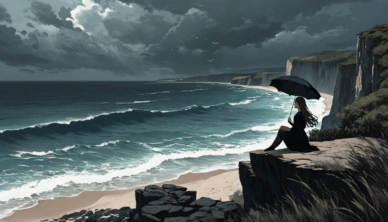Sea with waves. A sky with dark clouds. A beautiful beach with cliffs. The girl sits precariously on a high cliff with an umbrella. Her girl's hair blows in the wind. Five pretty fingers.