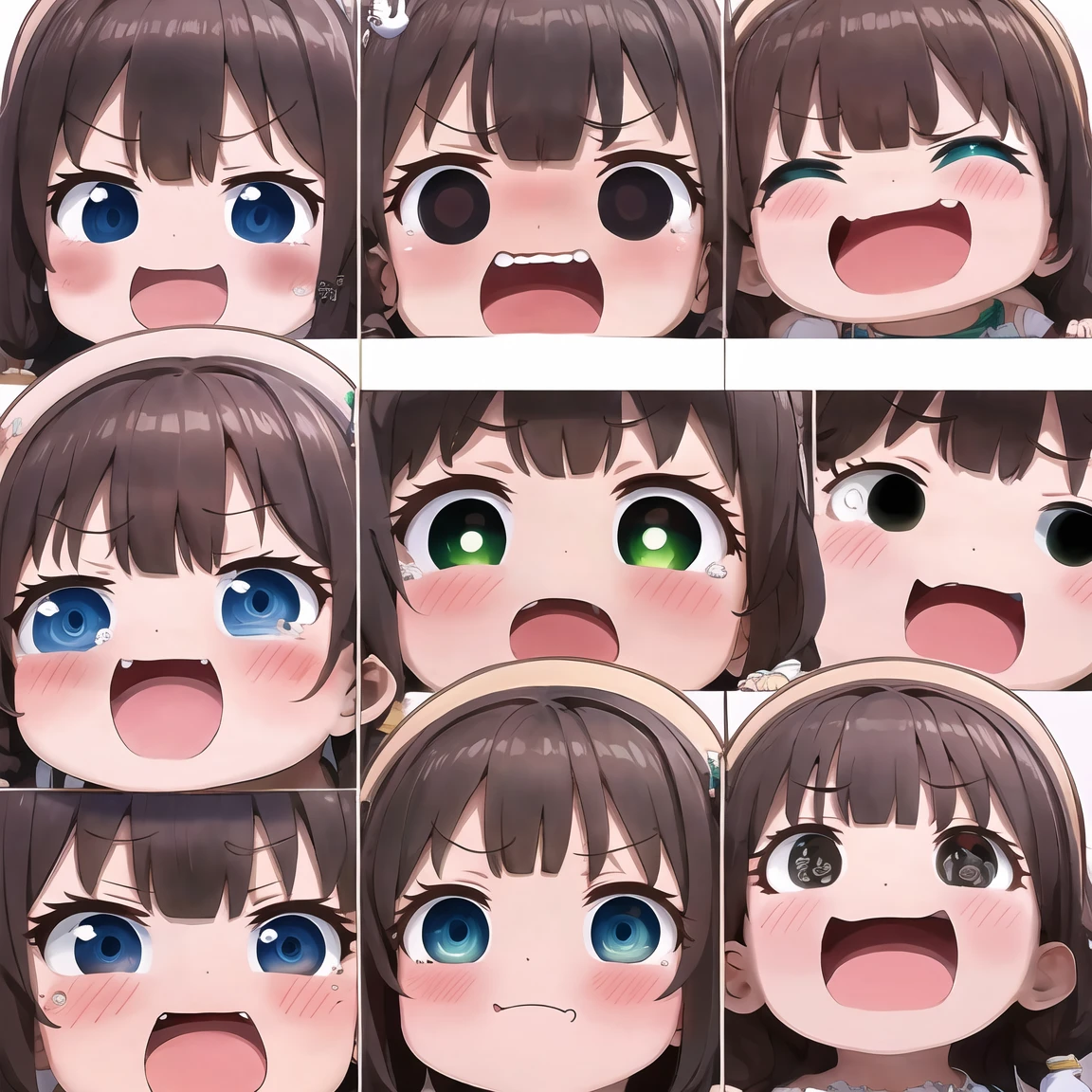 9 different facial expressions of a chibi style half-body character, various hand gestures and expressions, (sad, surprised, playful, excited, laughing, patting head, cute, waiting)