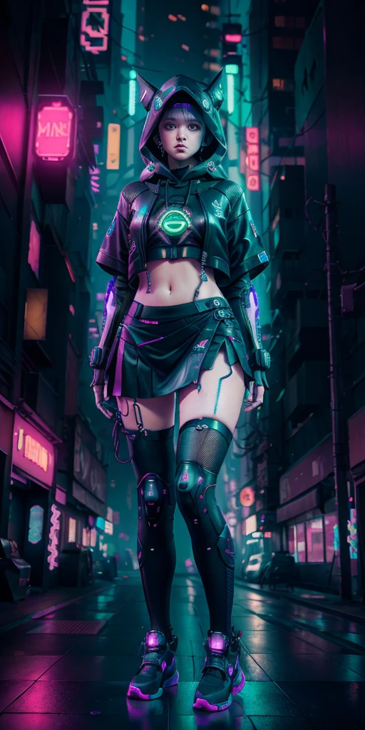 (master part, full body shot shot, intricate raw photography) cyberpunk teen girl, Comfortable Oversize Black Hood, black short skirt, details of neon lights on dark clothes,green haired, neon light details, intrikate, futuristic, sharpness, random sensual position, city cyberpunk, street neon lights, natta, insta photo, photo of the year, octan render, substance, Maya 3D |, cinema4d, trend artstation,  Deviant Art Trends,