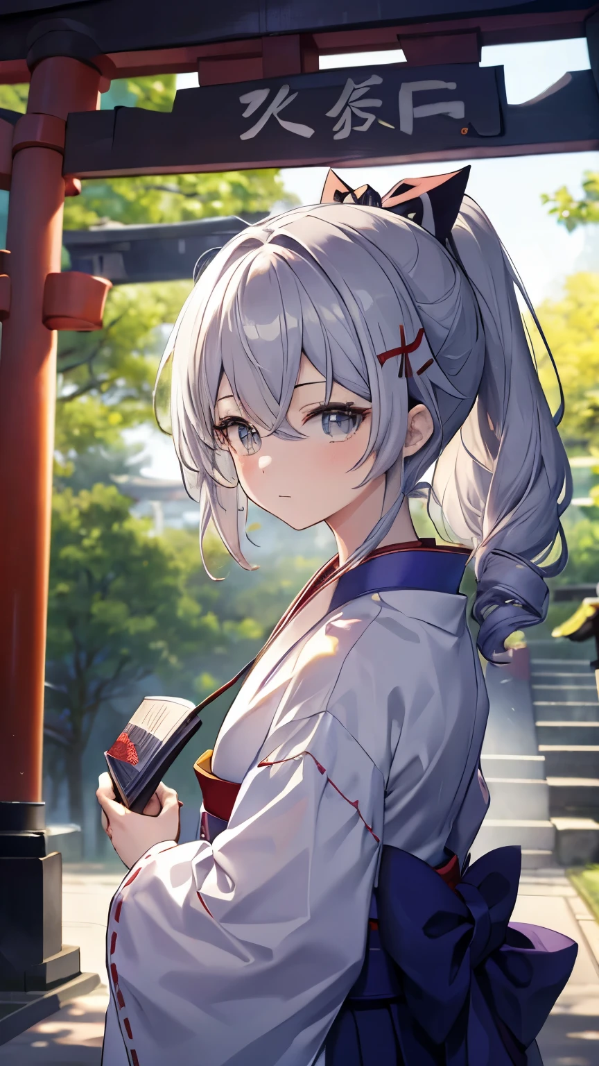 Highest quality:1.1)、(masterpiece:1.2)、(solo)、Close-up、Watching the viewer、,Hakama、Shrine maiden、shrine,torii,Silver Hair,Girl