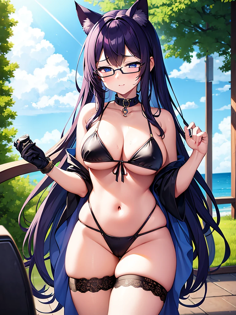 highly details, 8K, Masterpiece, 18 year old cat girl, long dark purple hair, blue eyes, , cat ears, round glasses, black bikini.