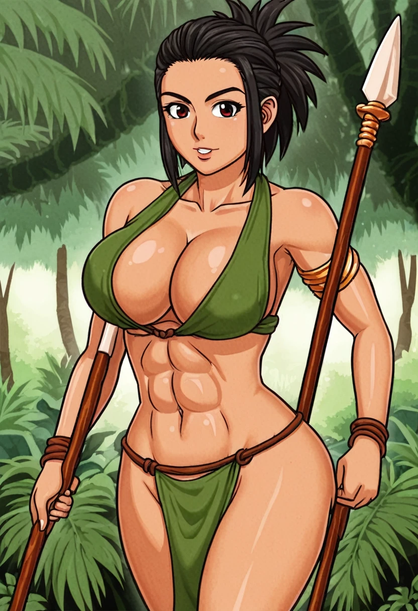 Anime girl, 21 years old, curvy body shapes, Amazon, jungle background, Sub, oily body, spear, cool hairstyle, Hair red, loincloth, sexy clothes, a stern look.