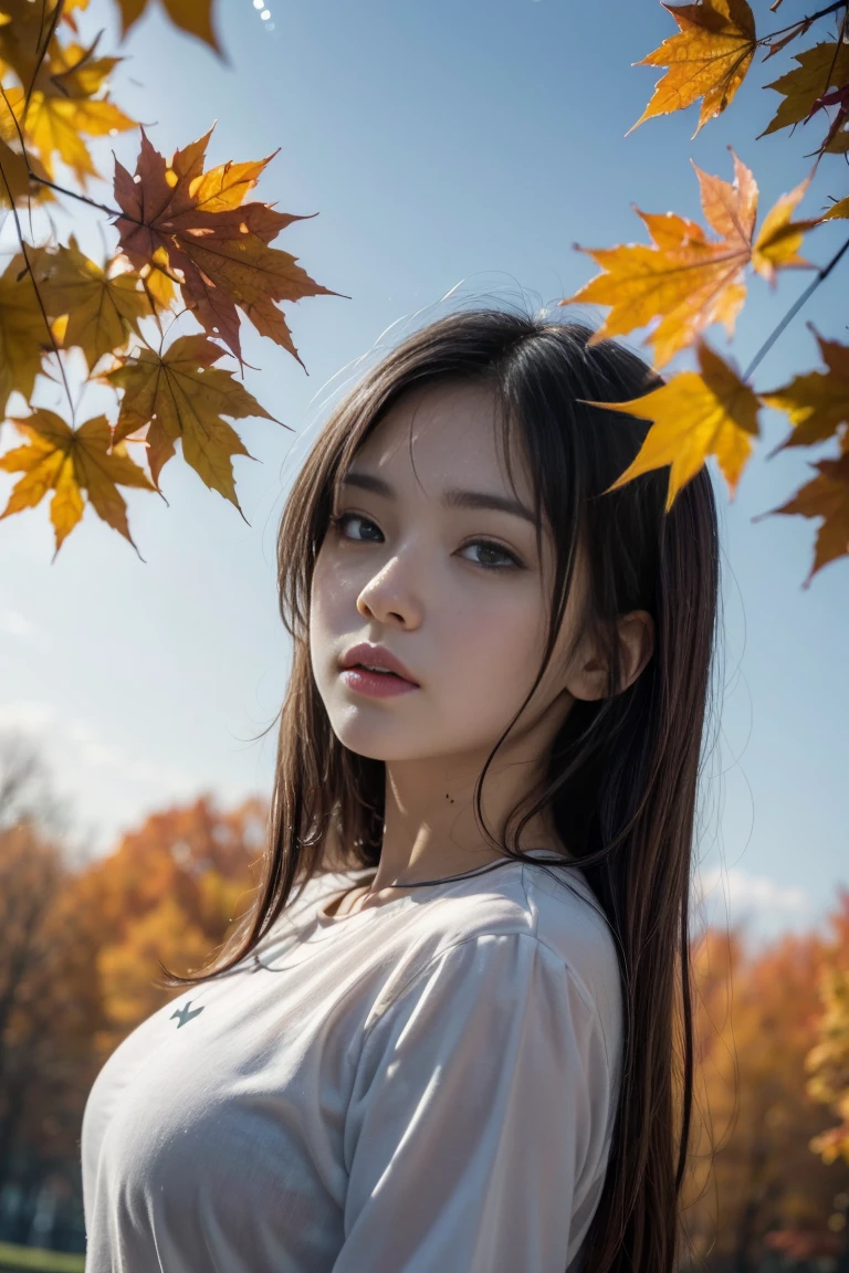 wallpaper, autumn standing, Maple Leafs, trees, sky, White clouds, Details HD, wet watermark, Hyperdetail, Movie, surrealism, Luz outfit, deep field focus bokeh, ray tracing, diffusion (ultra-thin glass reflection) and surrealism. --v6,Girl posing for a photo, big body, I am, anime,pretty face,