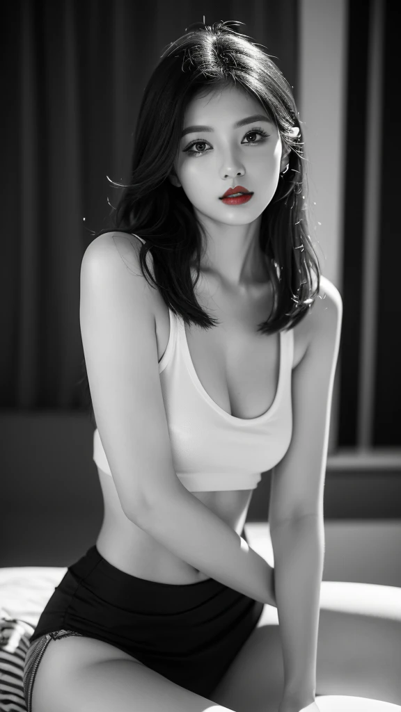 (((Black and White Art:1.2、Black and white photo、RAW photos、Film Grain)))、Beautiful woman、Small nose、((Full lips、Sexy red lips:1.3))、Attractive hairstyle、skirt、best quality、high resolution、high resolution、light、Black and white photo、Professional photographer