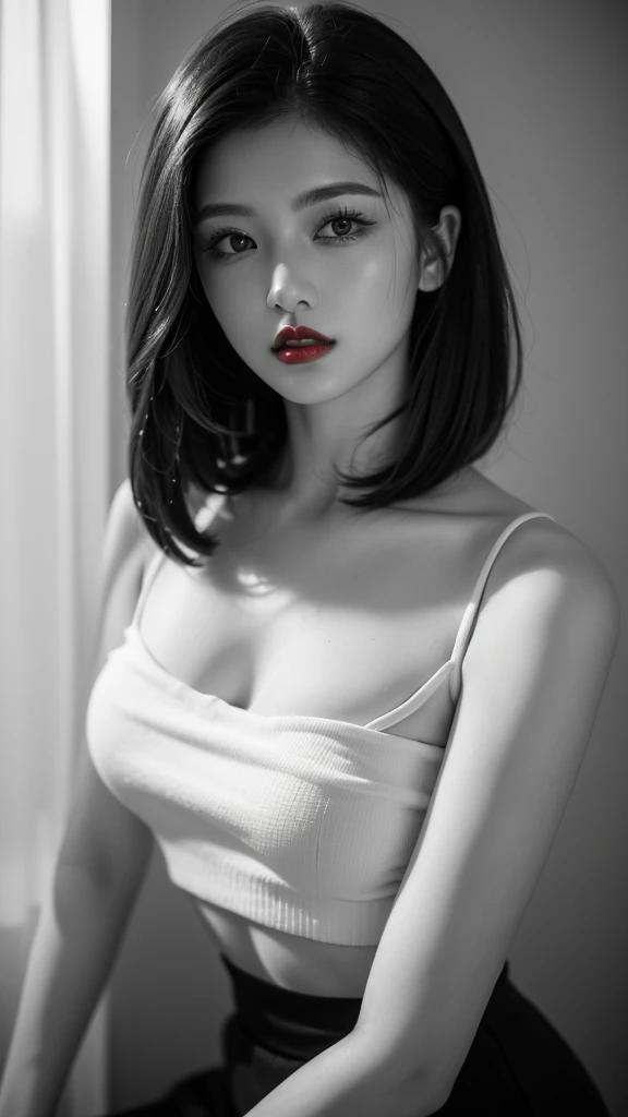 (((Black and White Art:1.2、Black and white photo、RAW photos、Film Grain)))、Beautiful woman、Small nose、((Full lips、Sexy red lips:1.3))、Attractive hairstyle、skirt、best quality、high resolution、high resolution、light、Black and white photo、Professional photographer