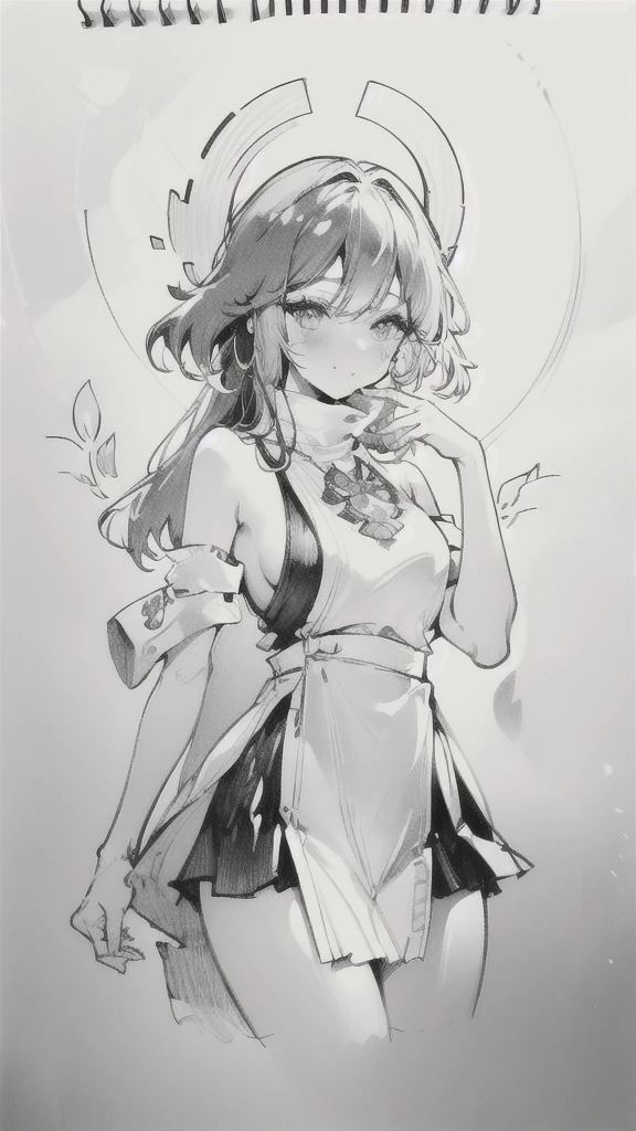 One Girl,Line art,Monochrome,sketch,Pencil drawing,Traditional Media,One Girl, skirt,Cute Girls, ,Beautiful portrait、Delicate body、Black Hair、Black Hair,landscape