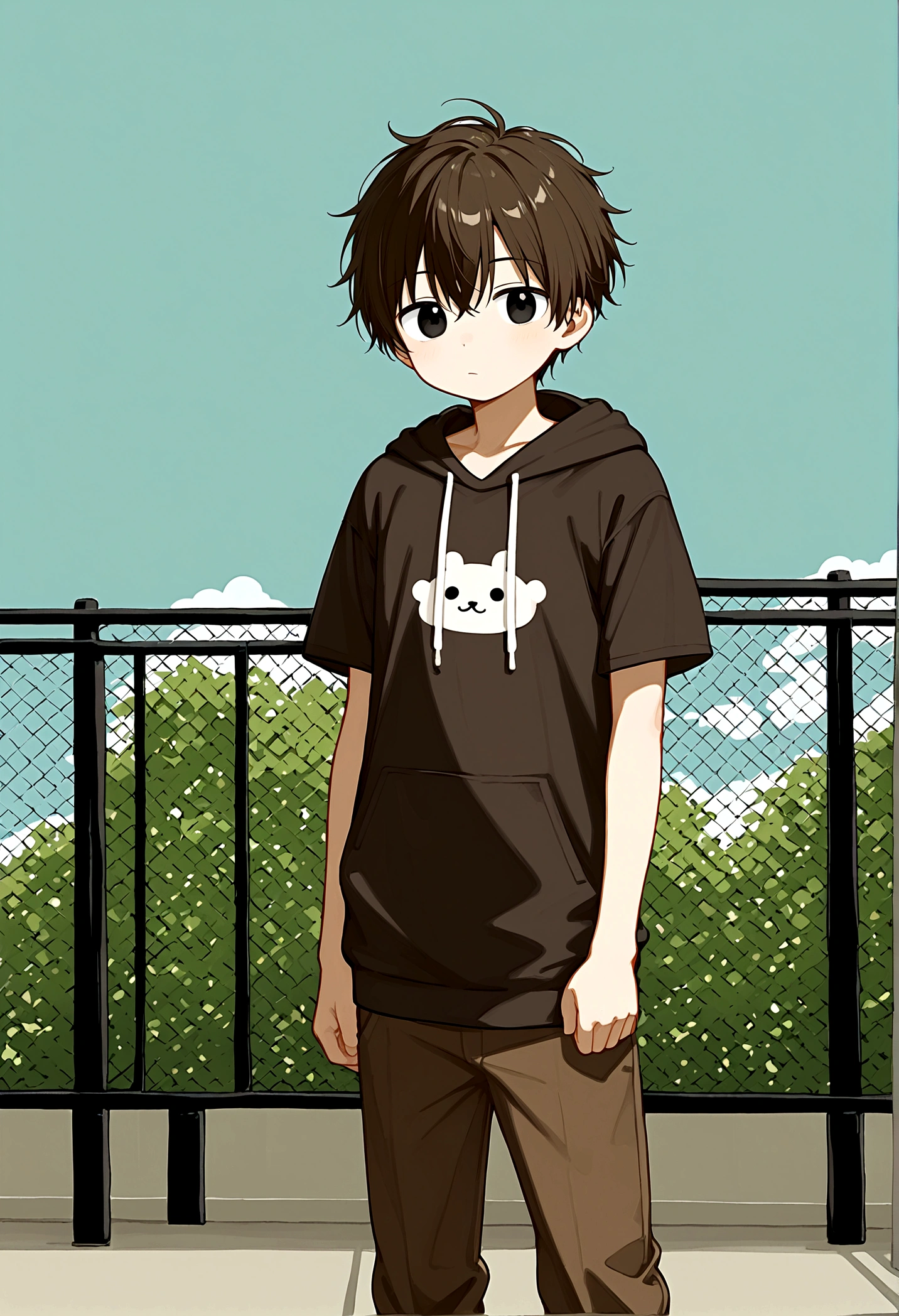 anime style, (otome game character), Age: 24 Height: 180 Weight: Slim Hair Color: Black Eye Color: brown Clothing Style: Casual. He dresses is hoodies, t-shirts, pants. Kinda of Gen Z style. His hair is medium length. Has like bangs and a bit messy due to having baby hairs.
