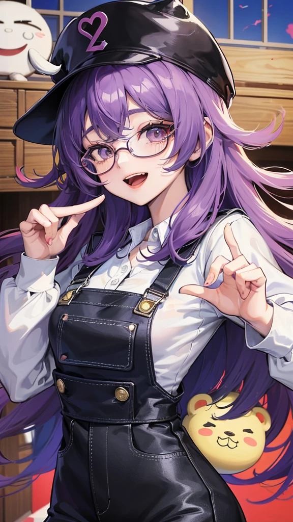 Dr. Slump Arale-chan、、Large thick black-rimmed glasses、Her hair is purple and semi-long、The red hat has small white feathers on either side.、Blue Overalls、Wearing a white shirt。She is greeting with a cheerful smile and her right hand raised.。In the background you can see Dr. Yamabuki's house in Penguin Village.。There is a garden in front of the house、The sky was clear and、The sunshine is warm。