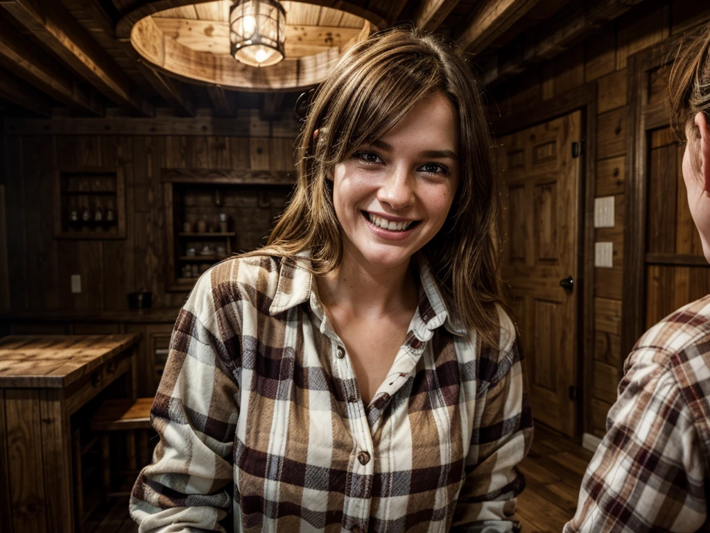 a young adult white female, her flannel shirt covered in chocolate pie, laughing, pretending to be upset, inside a rustic wooden cabin, fun and playful atmosphere, prank war, high quality, detailed, photorealistic, vivid colors, studio lighting, dramatic lighting, dramatic shadows, hyperrealistic, 8k, detailed eyes, detailed face
