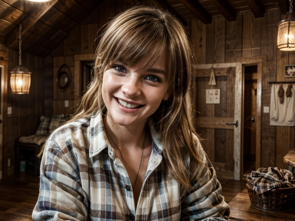 a young adult white female, her flannel shirt covered in chocolate pie, laughing, pretending to be upset, inside a rustic wooden cabin, fun and playful atmosphere, prank war, high quality, detailed, photorealistic, vivid colors, studio lighting, dramatic lighting, dramatic shadows, hyperrealistic, 8k, detailed eyes, detailed face