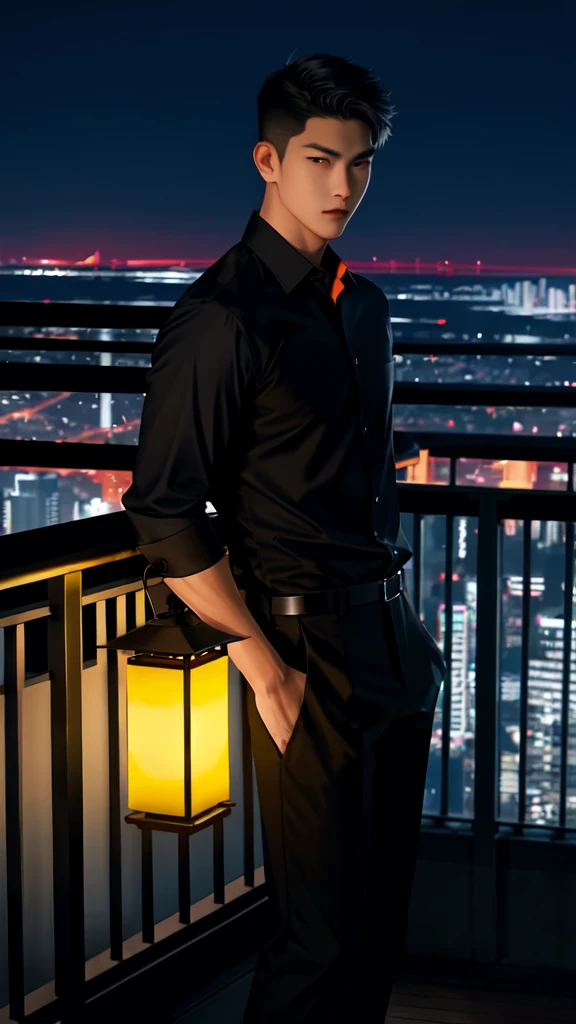 PhotoRealistic A handsome strong and
athletic korean young man, crew aka buzz cut hair style, stands confidently on a balcony overlooking a vibrant cityscape at night. He is dressed in a dark shirt and light pants, holding his hands casually by his sides. The balcony features a glass railing, providing an unobstructed view of the urban lights below. Two lanterns add a touch of warmth to the cool evening air.