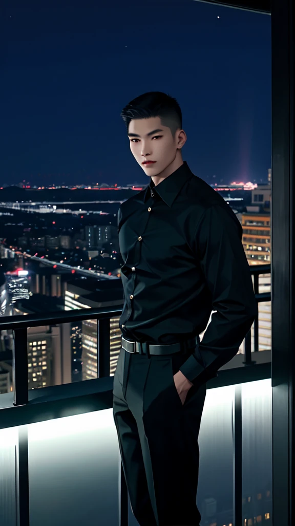 PhotoRealistic A handsome strong and
 athletic korean young man, crew aka buzz cut hair style, stands confidently on a balcony overlooking a vibrant cityscape at night. He is dressed in a dark shirt and light pants, holding his hands casually by his sides. The balcony features a glass railing, providing an unobstructed view of the urban lights below. Two lanterns add a touch of warmth to the cool evening air.