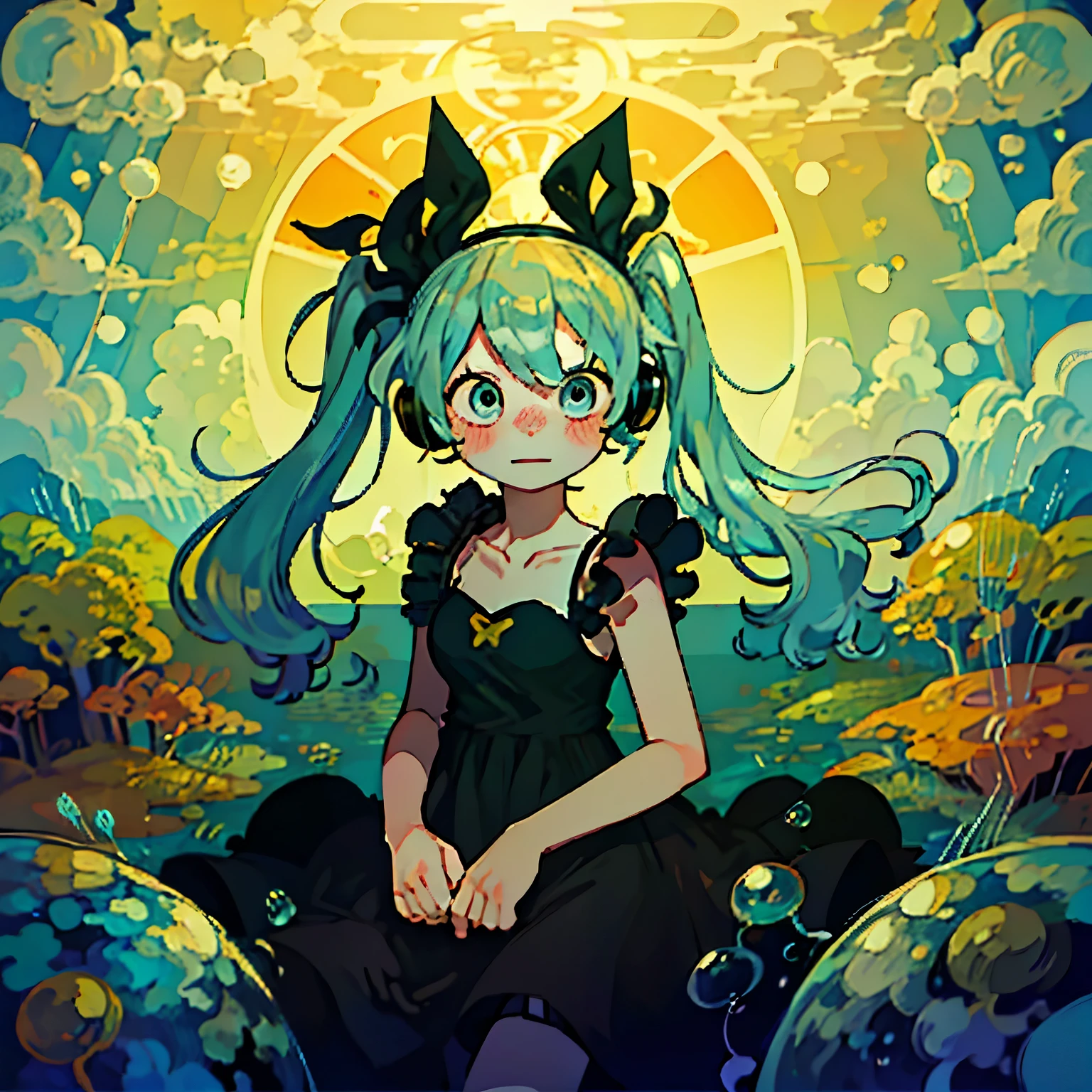 Seiyuu, (Hatsune Miku,  Very long hair, Double tail, Water color nails, Aqua green tie:1.2), Shoulder tattoo, (Grant Wood, american Gothic:1.2), 1 Girl, Solitary, (portrait), Smile, Shut up, (Aqua eyes, looking at objects, Look away), Lips, (Spoken Notes), (Final Fantasy Strategy:1.2), (Inside the recording studio:1.2), earphone, (Lanyard), technology, Fruity Aviation, (Kurg, Kurg triton, He said, Kurg m1, yamaha dx7, Synthesizer, Digital audio, Waveform audio, Riff, Graphic Equalizer, Piano Roll, Digital tunneling microscope, Top 10 Free vst Plugins Download Now:1.2), Mount the inside, (indoors:1.1), phonograph, cymbals, rack子鼓, 麦克风支rack, 乐谱rack, Classical music, Inside the amphitheater, (Speaker System, Subwoofer), (Mainframe Computer, **rack, Synthesizer rack, **rack, modular Synthesizer, moog, Buchla, serge), Black clothes, baby doll, underwear, Lace trim, Lace, Buttons, Collared dress, (Whalebone Corset), Victorian Clothing, Contemporary clothing, Gothic, (Negative Space:1.15), garter belt, Garter, belt buckle, belt, (Headband, White Ribbon:1.2), (lamp, 顶lamp, lamp泡, Decorations), (blush stickers, blush), (Comfort:1.2), (***ink, Marbled Paper:1.1), (Surreal, Abstract, Vincent Van Gogh:1.2), (Complementary colors), (author：Jeremy Lipking:0.8), (author：Antonio J Manzanedo:0.7), (author Paul Lehr:1.