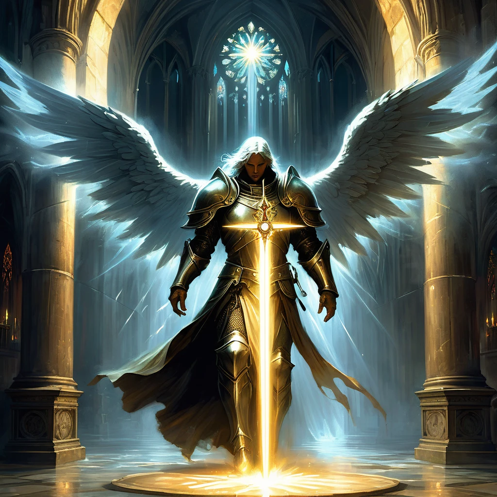 Imagine a male angel descending from the heavens into a medieval dark fantasy world, his presence heralded by a blinding flash of celestial light that cuts through the oppressive gloom. Clad in armor that gleams with divine radiance, adorned with ethereal wings that span the breadth of the cathedral where he lands, the angel wields a sword forged from pure light, its blade shimmering with cosmic energies.

His expression is one of serene determination, eyes glowing with a deep, unwavering faith in his sacred duty. Around him, the medieval cathedral is bathed in a warm, golden glow, casting long shadows that dance upon the ancient stone walls and ornate stained glass windows depicting scenes of ancient battles between good and evil.

The air is filled with the soft strains of celestial hymns, carried on a gentle breeze that stirs the flickering candle flames and echoes through the empty nave. His presence commands reverence and awe, a beacon of hope amidst the encroaching darkness that threatens to engulf the realm.

Capture the transcendent and divine essence of this male angel as he appears with his heavenly weapon in the medieval dark fantasy world, embodying the eternal struggle between light and shadow, and offering a glimpse of salvation and redemption in a realm beset by darkness and despair.