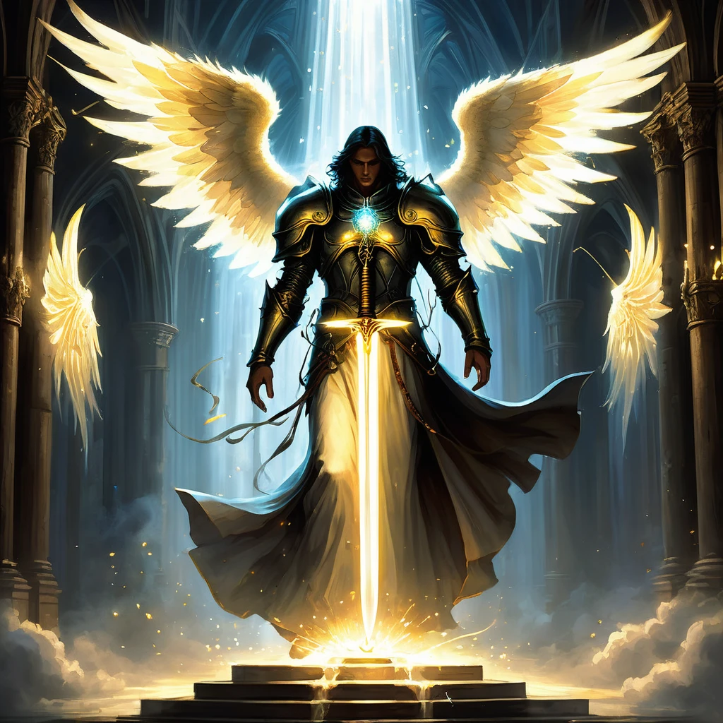 Imagine a male angel descending from the heavens into a medieval dark fantasy world, his presence heralded by a blinding flash of celestial light that cuts through the oppressive gloom. Clad in armor that gleams with divine radiance, adorned with ethereal wings that span the breadth of the cathedral where he lands, the angel wields a sword forged from pure light, its blade shimmering with cosmic energies.
His expression is one of serene determination, eyes glowing with a deep, unwavering faith in his sacred duty. Around him, the medieval cathedral is bathed in a warm, golden glow, casting long shadows that dance upon the ancient stone walls and ornate stained glass windows depicting scenes of ancient battles between good and evil.
The air is filled with the soft strains of celestial hymns, carried on a gentle breeze that stirs the flickering candle flames and echoes through the empty nave. His presence commands reverence and awe, a beacon of hope amidst the encroaching darkness that threatens to engulf the realm.
Capture the transcendent and divine essence of this male angel as he appears with his heavenly weapon in the medieval dark fantasy world, embodying the eternal struggle between light and shadow, and offering a glimpse of salvation and redemption in a realm beset by darkness and despair.