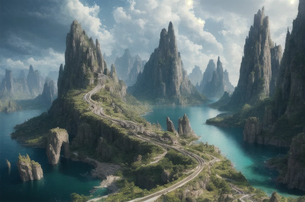 masterpiece, best quality, high quality, extremely detailed CG unity 8k wallpaper, scenery, outdoors, sky, cloud, day, no humans, mountain, landscape, water, tree, blue sky, waterfall, cliff, nature, lake, river, cloudy sky,award winning photography, Bokeh, Depth of Field, HDR, bloom, Chromatic Aberration ,Photorealistic,extremely detailed, trending on artstation, trending on CGsociety, Intricate, High Detail, dramatic, art by midjourney