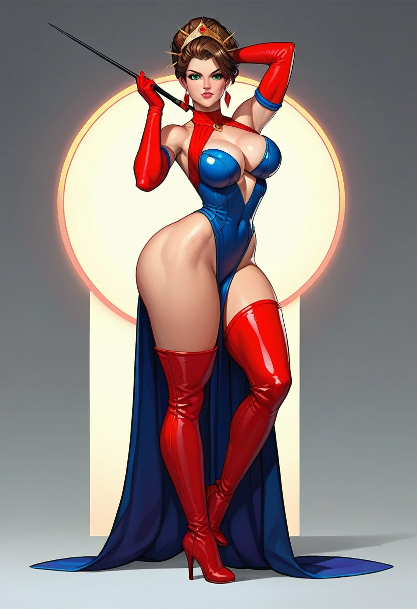 solo female, older female, amazoness, female barbarian, warrior queen, kunoichi, female ninja, femme fatale spy. narrow small waist, hyper hips, thick thighs, big calves, sheer bodysuit, fashion fancy gala dress, thigh-high heeled boots, silk elbow gloves