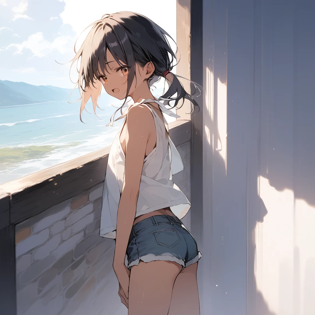 score_9, score_8_up, score_7_up, source_anime, best quality, masterpiece, official art, absurdres, highres, ultra-detailed,waifu2x,Collection: Slice of Life,break,1girl, tomboy, dark-skinned female, short hair, low ponytail, flat chest, beautiful detailed eyes, short shorts, sweat, open mouth, (yawn:0.3), sleepily, outdoors, wind, break,(clear line illustration:1.2),very high resolution, very aesthetic, super detailed skin, Best sexual lighting powered by famous artist, 8k,cute picture,beauty illustration,photoshop_(medium),,(Detailed Lighting),best anime 8k konachan wallpaper, pixiv contest winner,