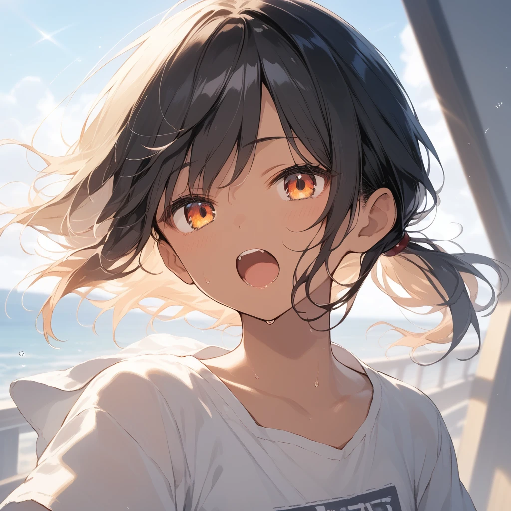 score_9, score_8_up, score_7_up, source_anime, best quality, masterpiece, official art, absurdres, highres, ultra-detailed,waifu2x,Collection: Slice of Life,break,1girl, tomboy, dark-skinned female, short hair, low ponytail, flat chest, beautiful detailed eyes, short shorts, sweat, open mouth, (yawn:0.3), sleepily, outdoors, wind, break,(clear line illustration:1.2),very high resolution, very aesthetic, super detailed skin, Best sexual lighting powered by famous artist, 8k,cute picture,beauty illustration,photoshop_(medium),,(Detailed Lighting),best anime 8k konachan wallpaper, pixiv contest winner,