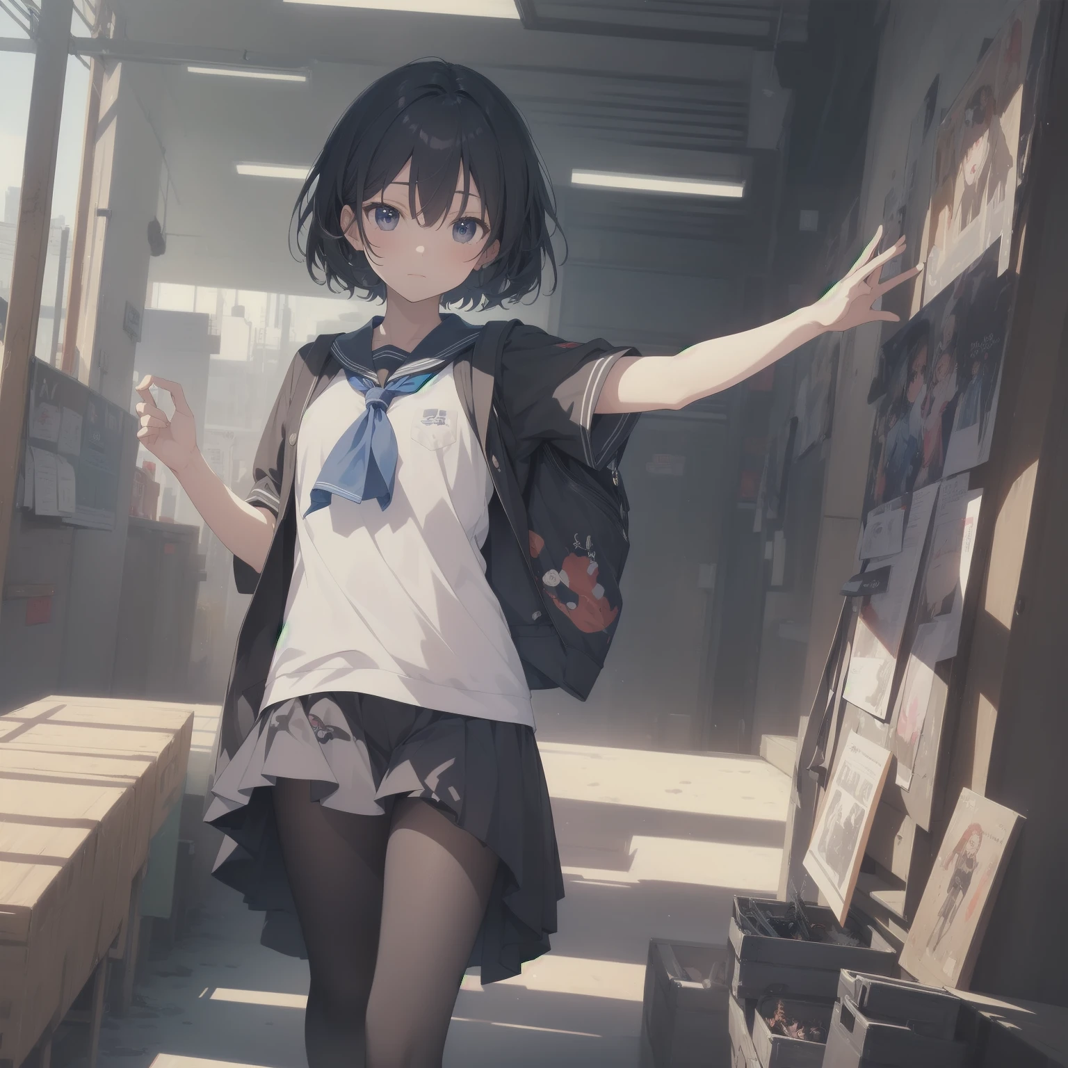 ultra-absurdres-Top quality by artist God, ultra-detailed, high resolution, anime moe artstyle, best anime 8k konachan wallpaper, pixiv contest winner, pool:2810, perfect anatomy,break, 1girl, (Please draw a girl walking sleepily to school alone. )break,(Solo,little female, 13-year-old:1.3),Full limbs, complete fingers,a junior high school student, (very short hair), short cut, flat chest, , small butt, small black eyes, beautiful detailed eyes, well-proportioned iris and pupils, expressive eyes, highres detailed hair, soft expression, salor school_uniform, sailor collar, serahuku, bow, pleated skirt,(Detailed Lighting), (Detailed background), in the School commute route. break,super detailed skin, Best cinematic lighting powered by famous artist, 8k,beauty illustration,photoshop_(medium),very aesthetic,break,((artist:saiguchi_otoufu )), artist:clamp ,artist:carnelian ,artist:kantoku ,