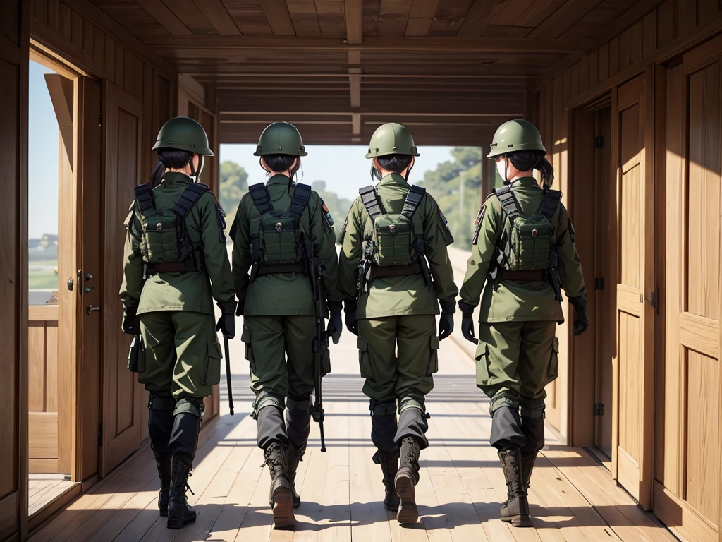 View from behind、Four female soldiers in helmets patrolling、 Wearing dark green military uniforms 、Military boots、Military Pants、Gloves、Interior corridors、Write details、masterpiece、best quality、Highly detailed CG、8K picture quality
