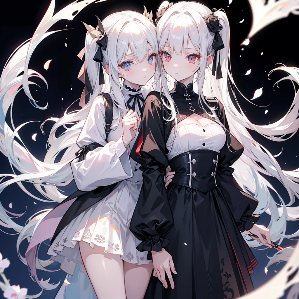 Two girls, red eyes and beige hair, blue eyes and white hair, twin tails, long hair, monochrome gothic fashion, white roses, white background,