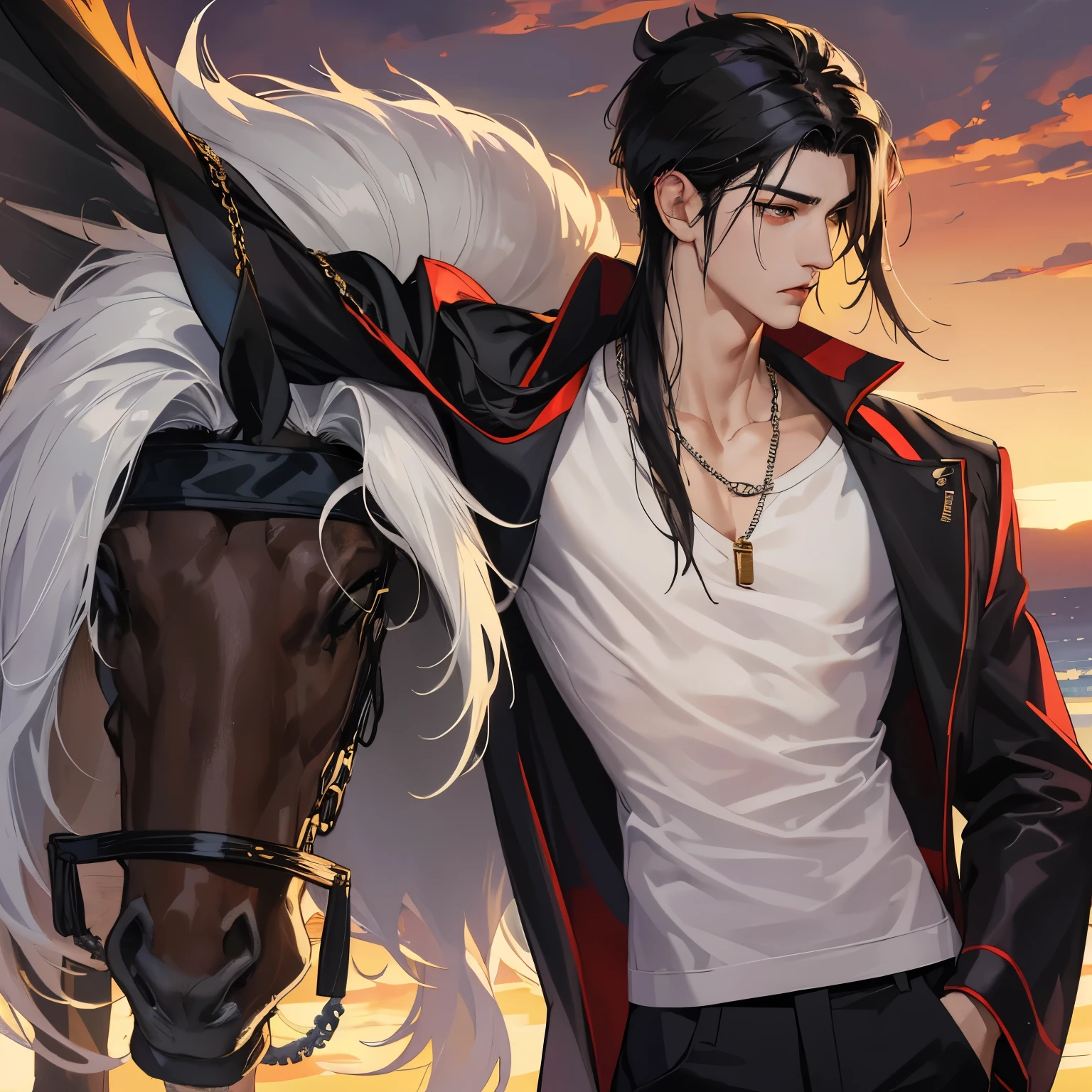 (absurdrez, Cao Cao, ultra detaild, Realistic, ), male focus, 1st grade, chemise, standing alone, background At sunset, Round Eyewear, chemise preta com jaqueta preta de couro com correntes, Pants, blackquality hair, chemise Preta, cloused mouth, short black hair combed back with a few strands on the face, chest and arms muscle, bushy eyebrows, fine nose, youthful face, orelha com piercings, silver chain on neck, Nerdy looking type, 精致的面容, extremely pretty, rosto angelical, Thin black chain around the neck like necklace