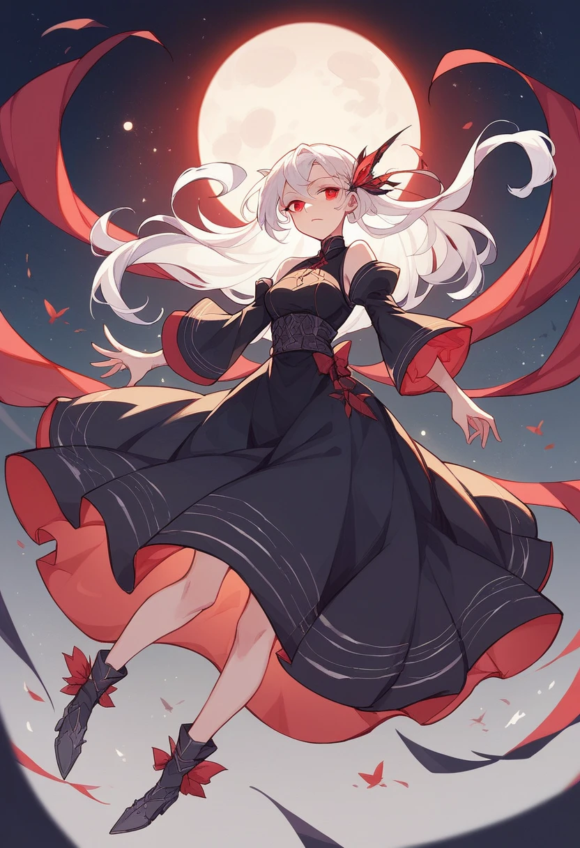 White Hair、Red eyes、Black dress、Many birdcages、night sky with moon