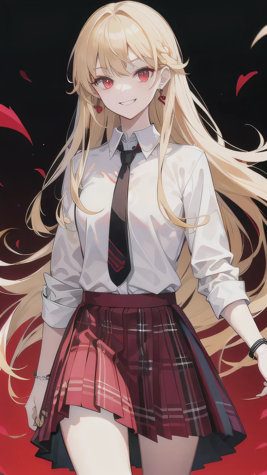 (masterpiece), realistic, photograph of a Cute and stunning beautiful female vampire girl, red eyes, Highest quality, One girl, bangs, black tie, (Blonde:1.2), blue skirt, bracelet, collared shirt, dress shirt, ear Earrings, Eyebrows visible through hair, Gradient Hair, Grin, Improve, jewelry, Long Hair, View your viewers, loose tie, tie, Earrings, Plaid, Plaid skirt, pleated skirt, (red eyes:1.2), ring, , shirt, skirt, smile, alone, white shirt, accessories, Majestic, Coiled, The surrounding area, scene, to attract attention, title, stylish, impressive, Modern, trend, concentrated, fashion