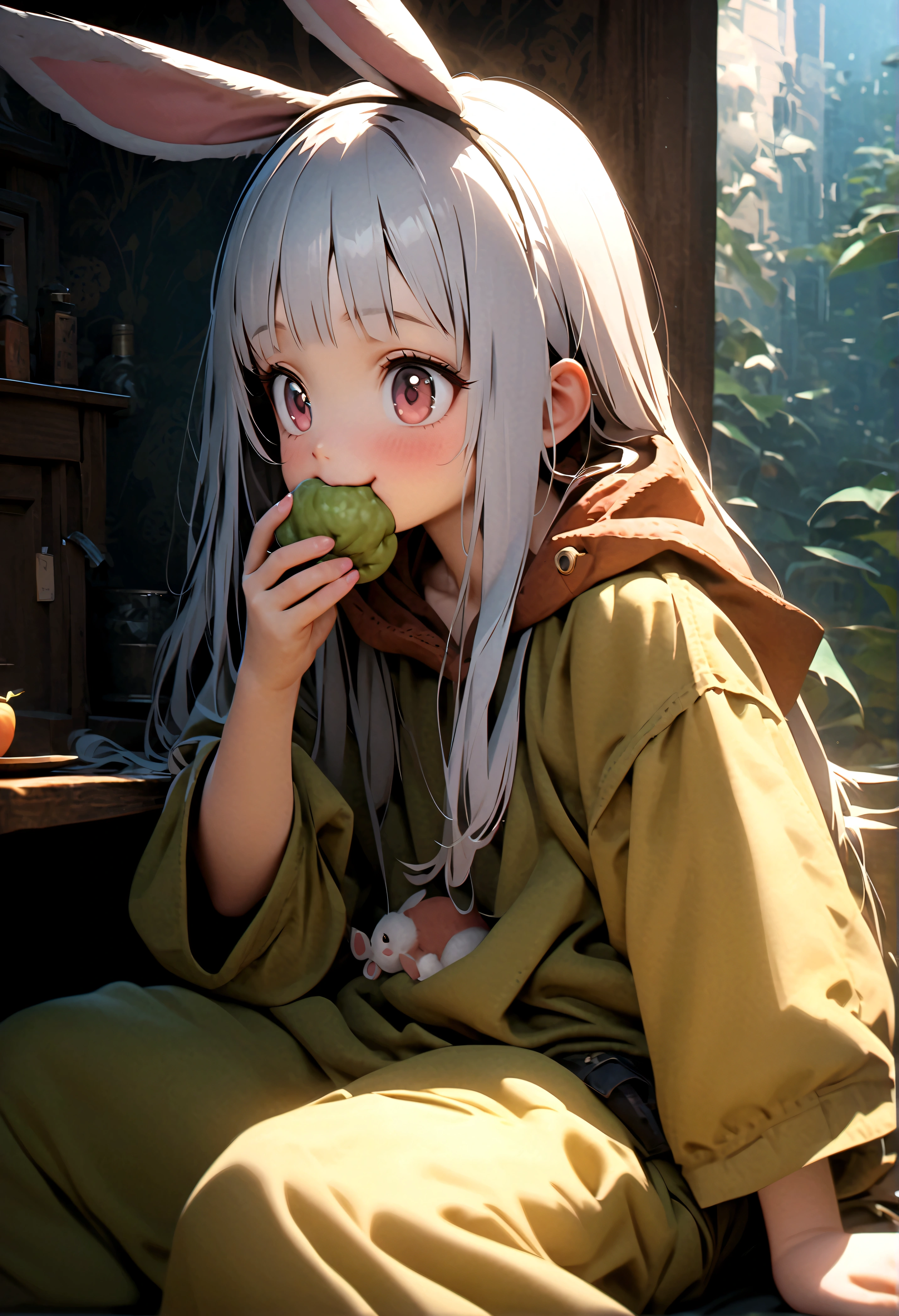 Nanaki\(Made in Abyss,male,Lovely,hairy,have,Rabbit ears,Silver Hair,long hair,Baggy pants,Tail,Smile\)Sitting and eating weird food,Beautiful nature, You can see strange and chaotic large animals from far away,, rest ,quality\(8K,wallpaper of extremely deTailed CG unit, masterpiece,High resolution,top-quality,top-quality real texture skin,Surrealism,Improve resolution,RAW photos,Best quality,highly deTailed,wallpaper,movie lighting,Ray Tracing,Golden Ratio\),close up Nanaki