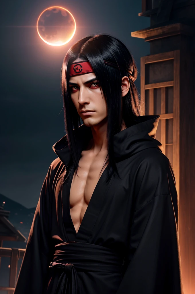 Generate a digital painting of an anime character inspired by Itachi Uchiha from Naruto. The character should have long, dark hair, partially covering one of his glowing red eyes. He should be wearing a dark cloak with red clouds (Akatsuki robe) and a headband with the symbol of the Hidden Leaf Village, scratched to indicate defection. The character's hand should be raised to his face, partially covering one eye, with black nail polish visible. The background should feature a dramatic solar eclipse with intense fiery and dark hues, creating a powerful and ominous atmosphere. The lighting should highlight the character's intense expression and the intricate details of his clothing.